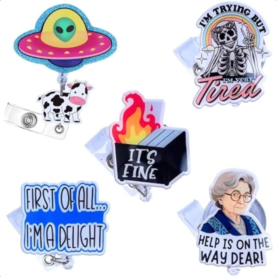 

5 PC Badge Reel Holder Retractable with ID Clip for Nursing Name Tag Card Cute Funny Nursing Student Teacher Doctor RN CNA Med