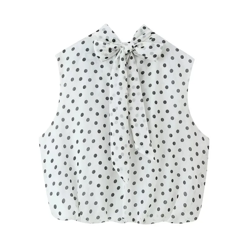 Women's Polka Dot Top New 2026 Summer Casual High-neck Sleeveless Deaped Balloon Tank Top Female Elastic Hem Tops