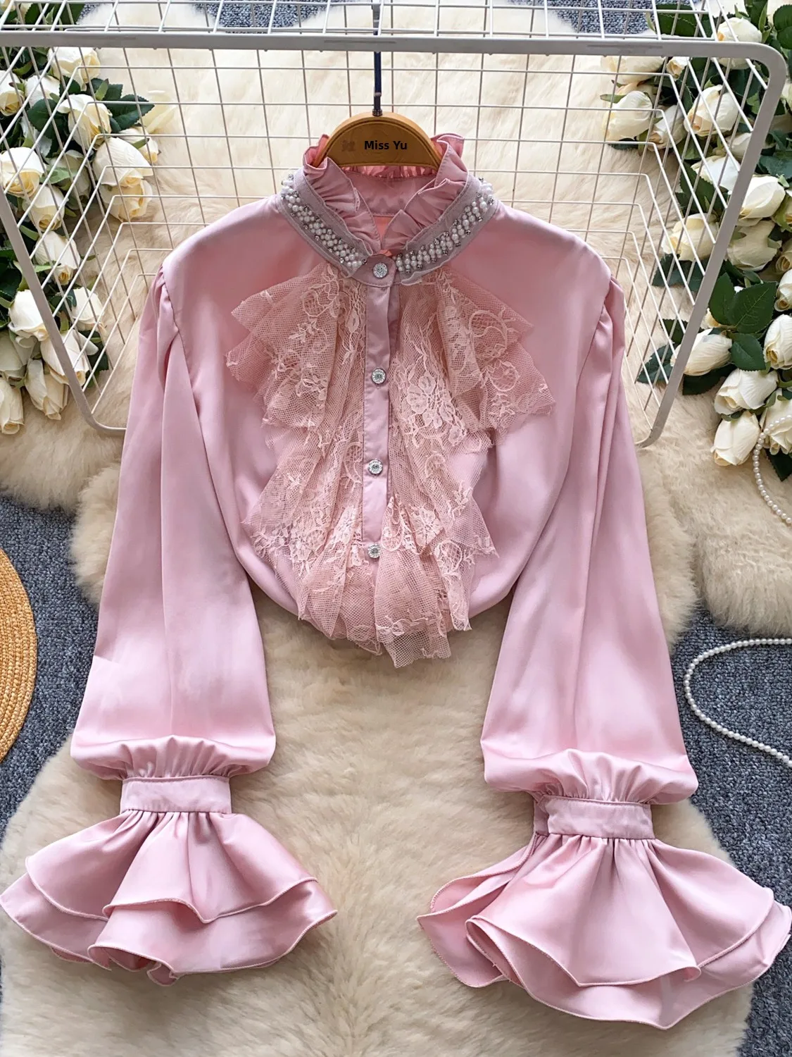 

Heavy Embellished Diamond Lace Insert Bell Sleeve Satin Shirt Women's Court Style Patchwork Single Button Top