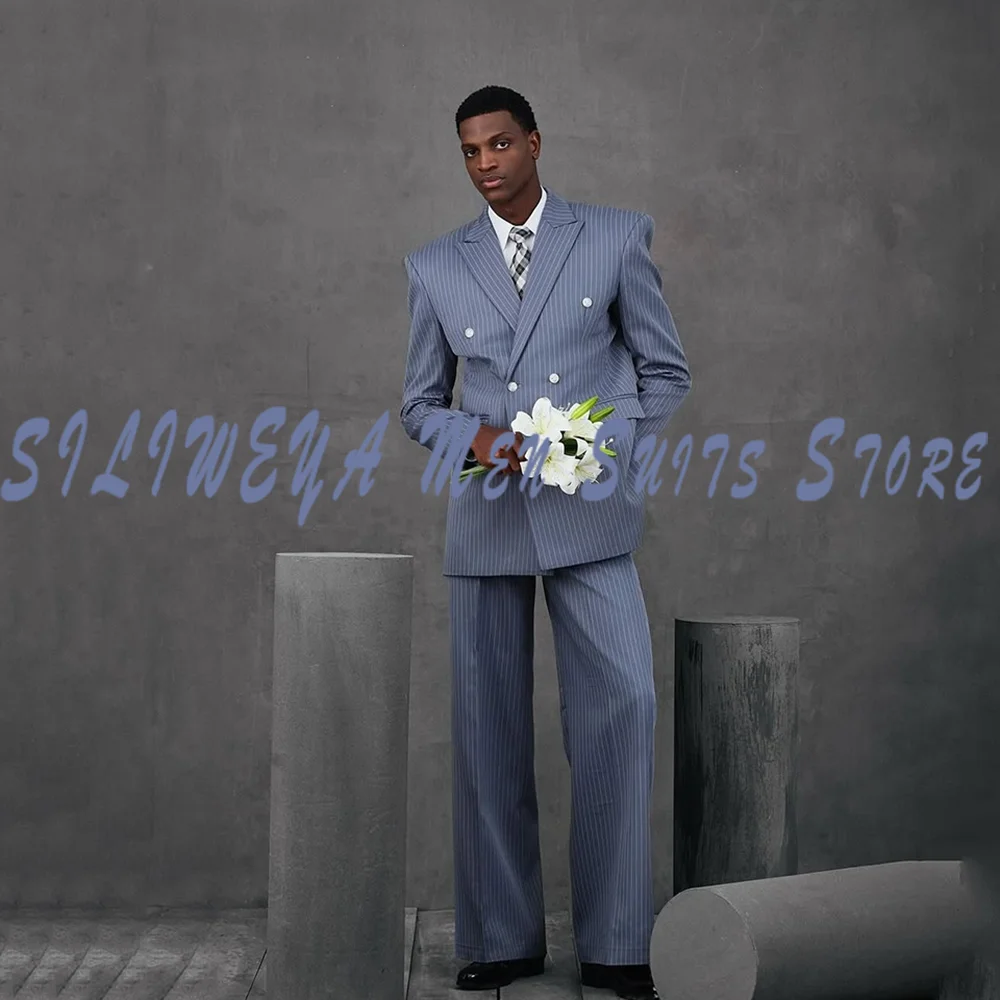

Pinstriped Elegant Men Wedding Suits Peak Lapel Double Breasted Tuxedos Groom Party 2 Pcs Blazer Pants Party Customized Suit
