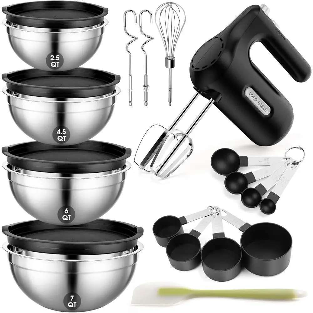 

5-Speed Electric Hand Mixer with 4 Stainless Steel Mixing Bowls, 300W Lightweight Kitchen Handheld Mixer, Includes Measuring Cup