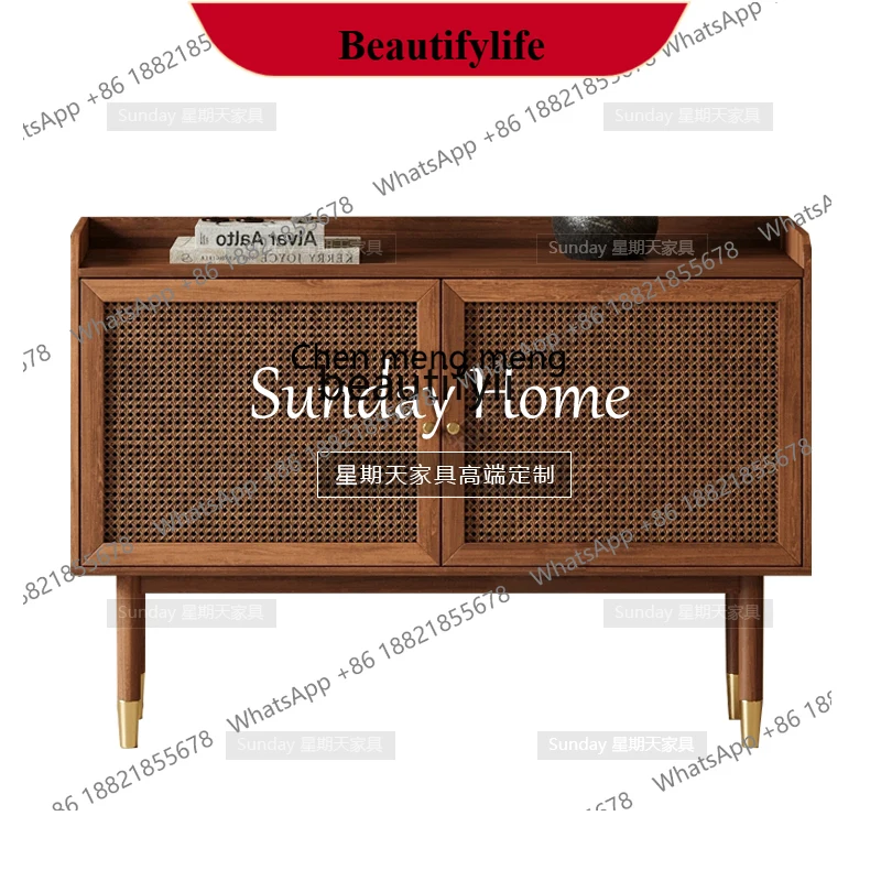 D178 Medieval rattan locker French wood color, porch cabinet with cabinet door, furniture