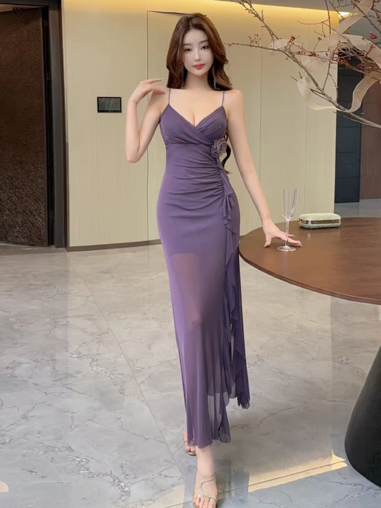 

Sexy Ele V-ne Low-cut Strap Long Skirt f-transparent Me Gown Nightclub Lady Sle High-waisted Bodycon Dr
