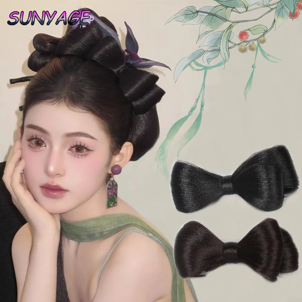 Synthetic Natural Fake Hair Double Bow Bun Fluffy Claw Chignon Straight Updo Hairpiece High Temperture Kittybow Styling Tools