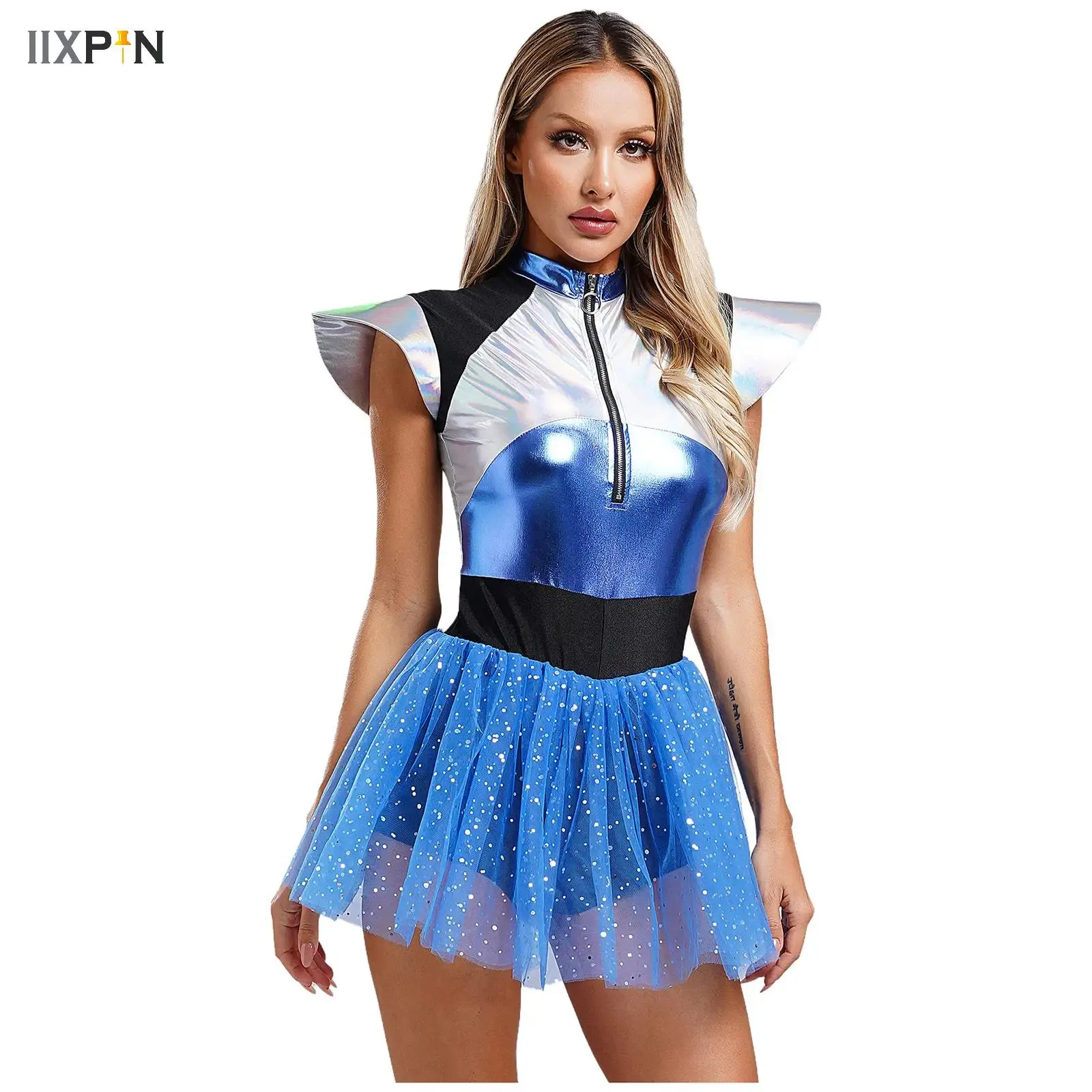 

Womens Adult Astronaut Costume Space Cadet Alien Robot Cosplay Clothes Fly Sleeve Sequined Tulle Dress Skirt Boyshorts Jumpsuit