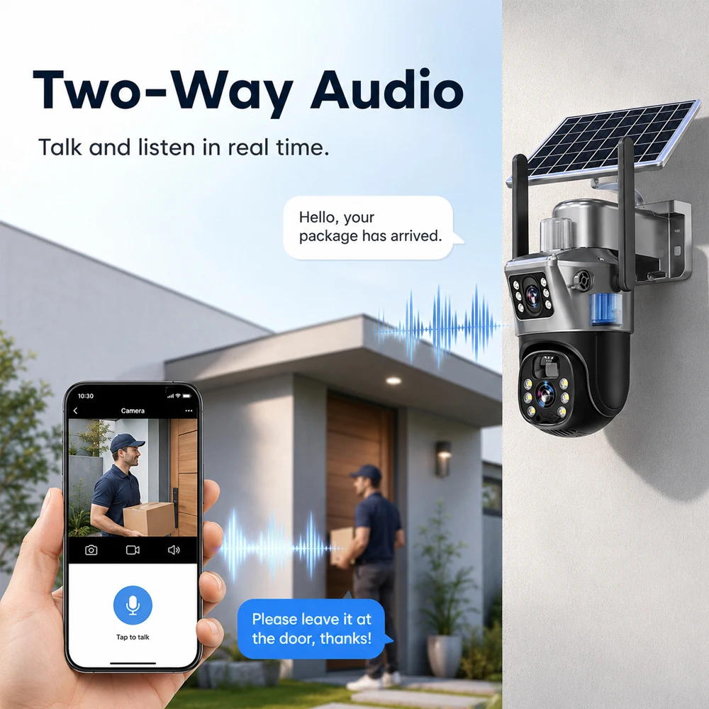 Caméra de sécurité solaire EseeCloud 8MP 4K, double objectif PTZ, WiFi 2.4G+5G, alimentation solaire, détection humaine PIR, vision nocturne couleur, étanche IP66, audio bidirectionnel, pour jardin, ferme, villa