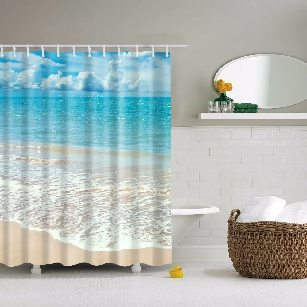 Seaside Scenic Beach Shells Shower Curtains Starfish Conch Blue Board Palm Trees Sunset Nature Scenery Bathroom Curtain Decor