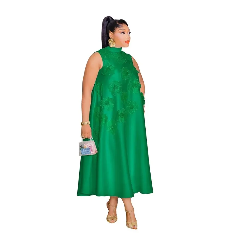 

Elegant Women Sleeveless Loose 3D Flower O-neck Dress 2025 Summer Bodycon African Street Midi Maxi Long Dresses Vestidos