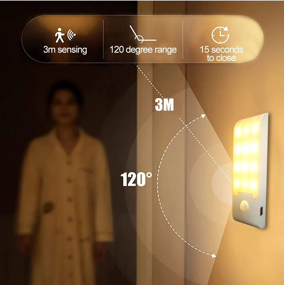 12LED Nachtlicht Bewegungsmelder wiederaufladbare USB-LED-Lampe für Flur Badezimmer Schrank Küche unter dem Schrank hohe Helligkeit – Detail 7