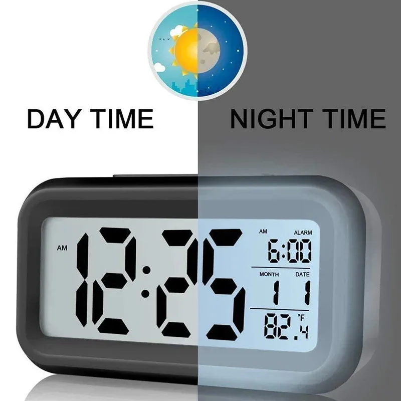 Battery Powered LCD Alarm Clock TEMP Date Week 3 Alarms Backlight Snooze Table Clock Night Vision Function12/24H Digital Clock
