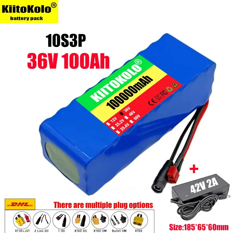 100% New Original 36V 100Ah 18650 Battery Pack 10S3P 100000mAh Built-in 15A BMS 500W-1000W Electrical Machinery+42V 2a Charger