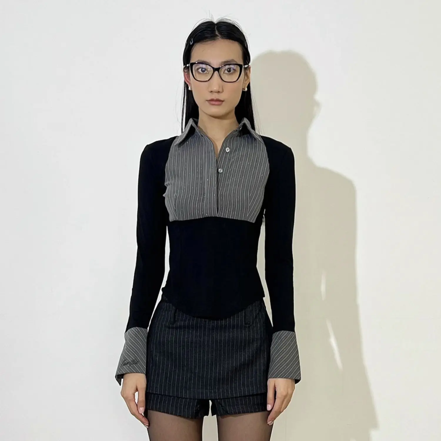 

Новая женская блузка с длинным рукавом в полоску, имитация двухслойности, в корейском стиле, для весны и осени, в стиле Salt System Spicy Girl