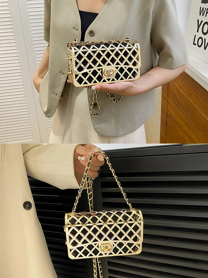 2024 Fashion Hollow Chain Crossbody Shoulder Bag Trend Females Metal Bag Luxury Designer Handbags Mini Shopper Square Bag