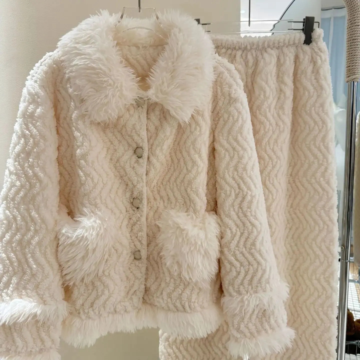 산호 양털 겨울 따뜻한 잠옷 긴 소매 여성 파자마 긴 소매 파자마 세트 바지 세트 홈웨어 홈 슈트