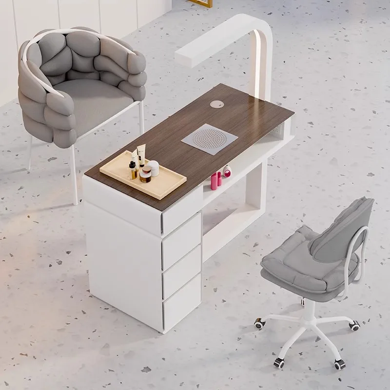 

Cream Dust Collector Manicure Table With Lamp French Beauty Design Nail Table Minimalist Aesthetic Table Ongle Salon Furniture