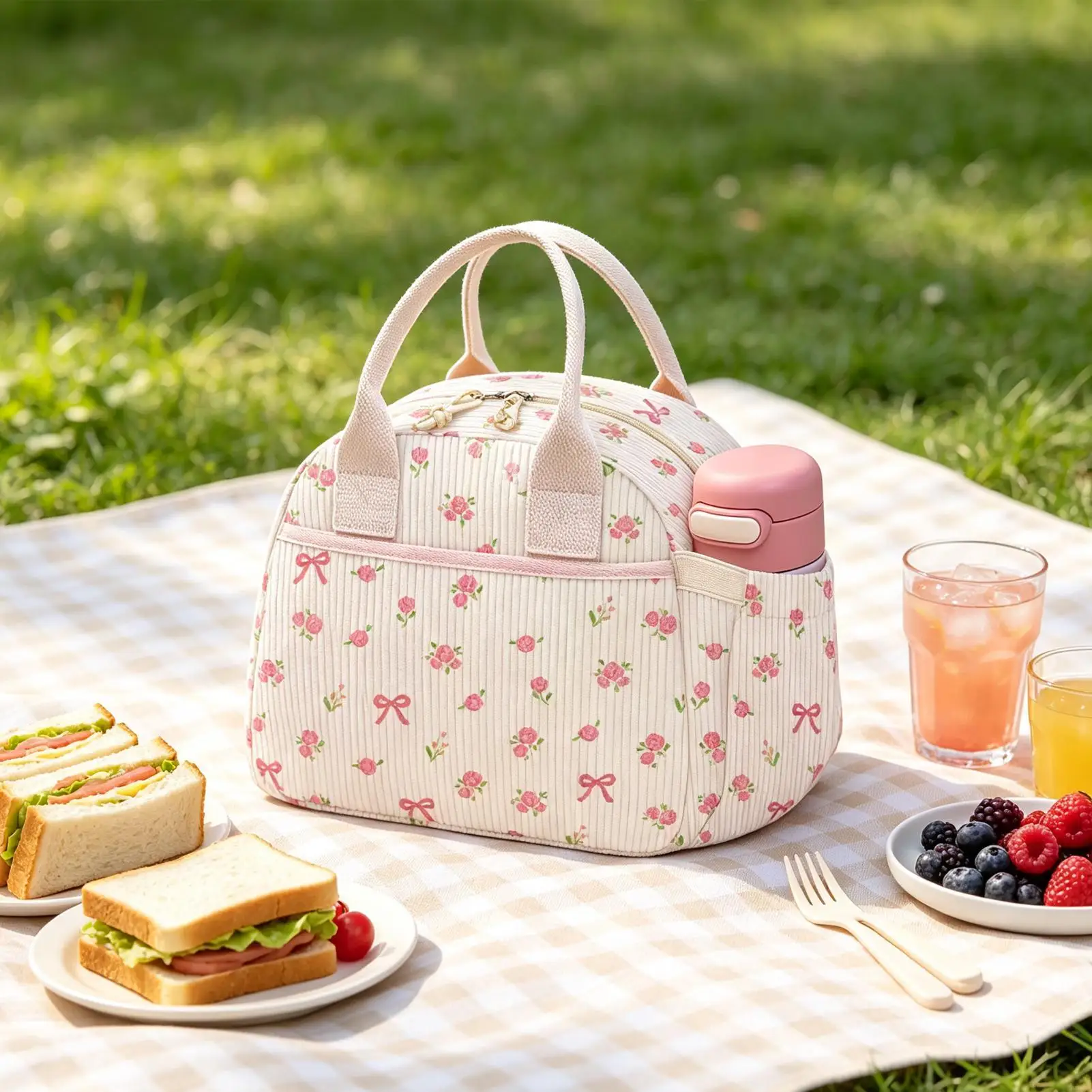 Cute Lunch Box Large Insulated Leakproof Reusable Corduroy Fabric Pink Insulated Lunch Box For Women Girls Office School Picnics