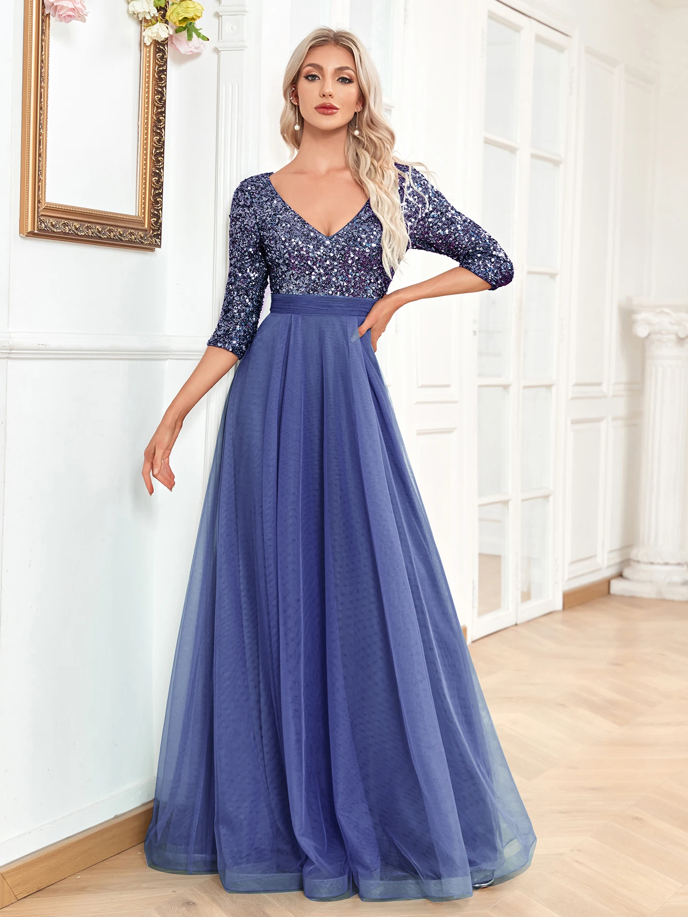 XUIBOL-Vestido elegante azul de lantejoulas com decote em v feminino, vestido formal sereia, mangas compridas, festa de casamento, Maxi, vestido de formatura, 2024