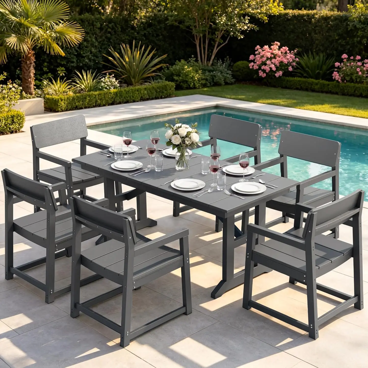 

7 Piece Outdoor Dining Set All Weather Patio Table & Chairs With Umbrella Hole For Garden Deck Pool Grey, Customized
