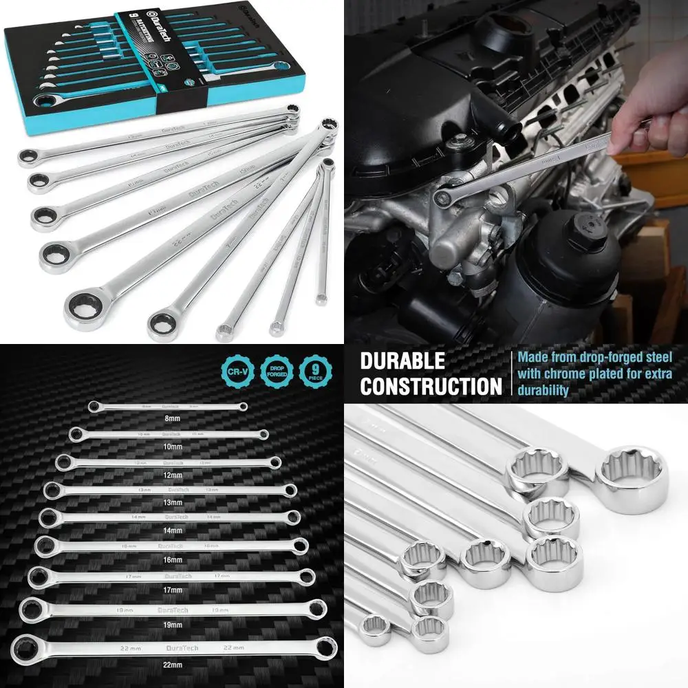 

Extra Long Ratcheting Wrench Set, Double Box End Wrench Set, Metric, 9-Piece, 8,10,12,13,14,16,17,19,22 mm, CR-V Steel, with EVA