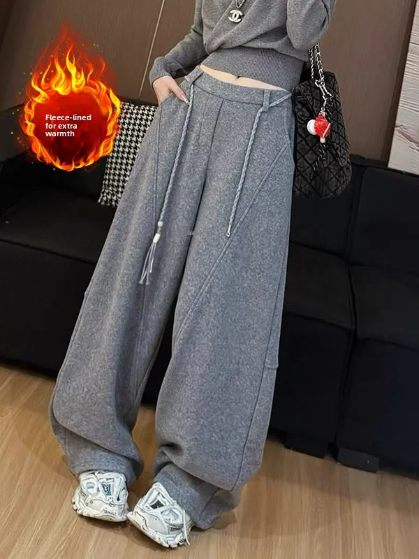 

Модные широкие брюки с пэчворком и флисовой подкладкой, больших размеров, с высокой талией, утягивающие, повседневные, универсальные, длинные брюки.