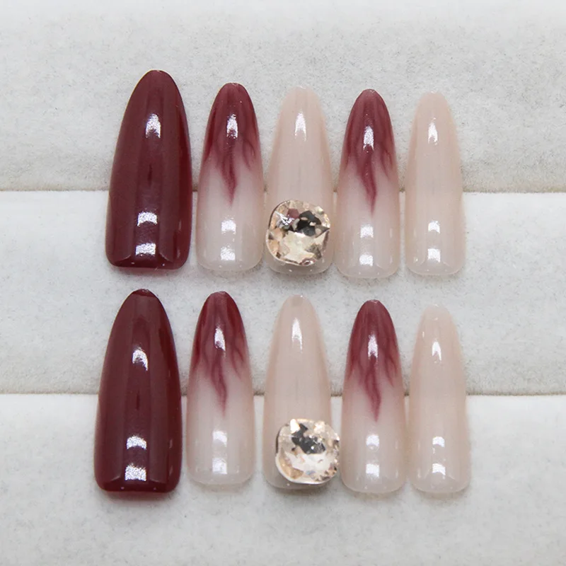 24PCS Long Red Gradient False Nail French Ballet Wearing Nail Art Full Cover Diamond Almond Fake Nail Press on Nails Nail Tips