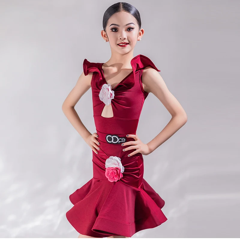 Nieuwe Kinder Latin Dance Kostuum Kinderen Rode V-Hals Wals Performance Set Meisje Ballroom Samba Dans Oefenkleding Xh638