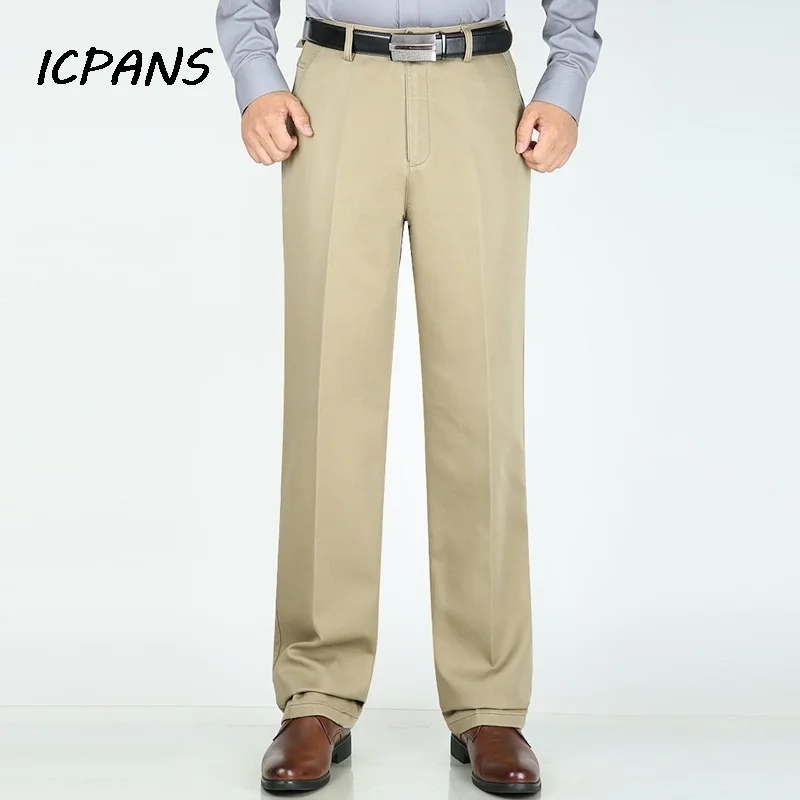 

ICPANS Dress Pants Men Straight Stretch Loose Flat High Waist Classic Cotton Black White Formal Suit Trousers Man Big Size 42 44