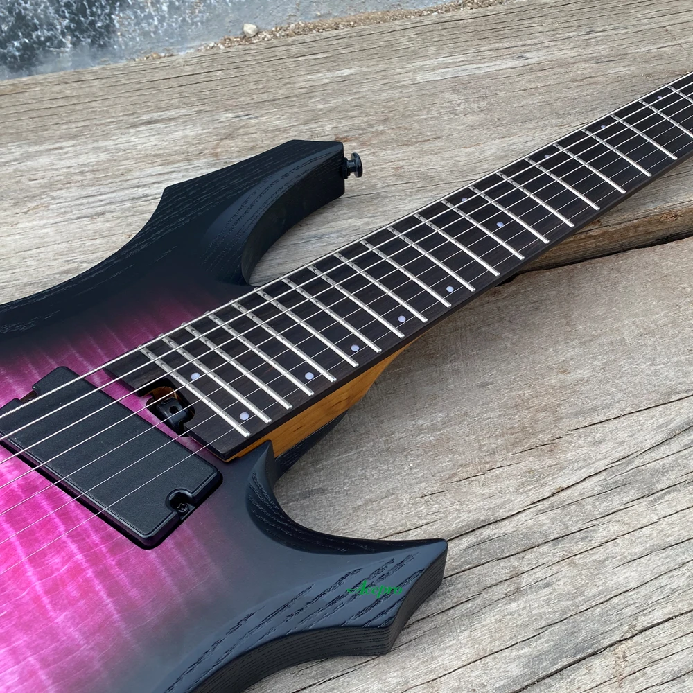 7 String Headless Electric Guitar, Purple Ash Body Flame Maple Top, 9 Piece Roasted Maple Neck, Fanned Frets, Active Pickups