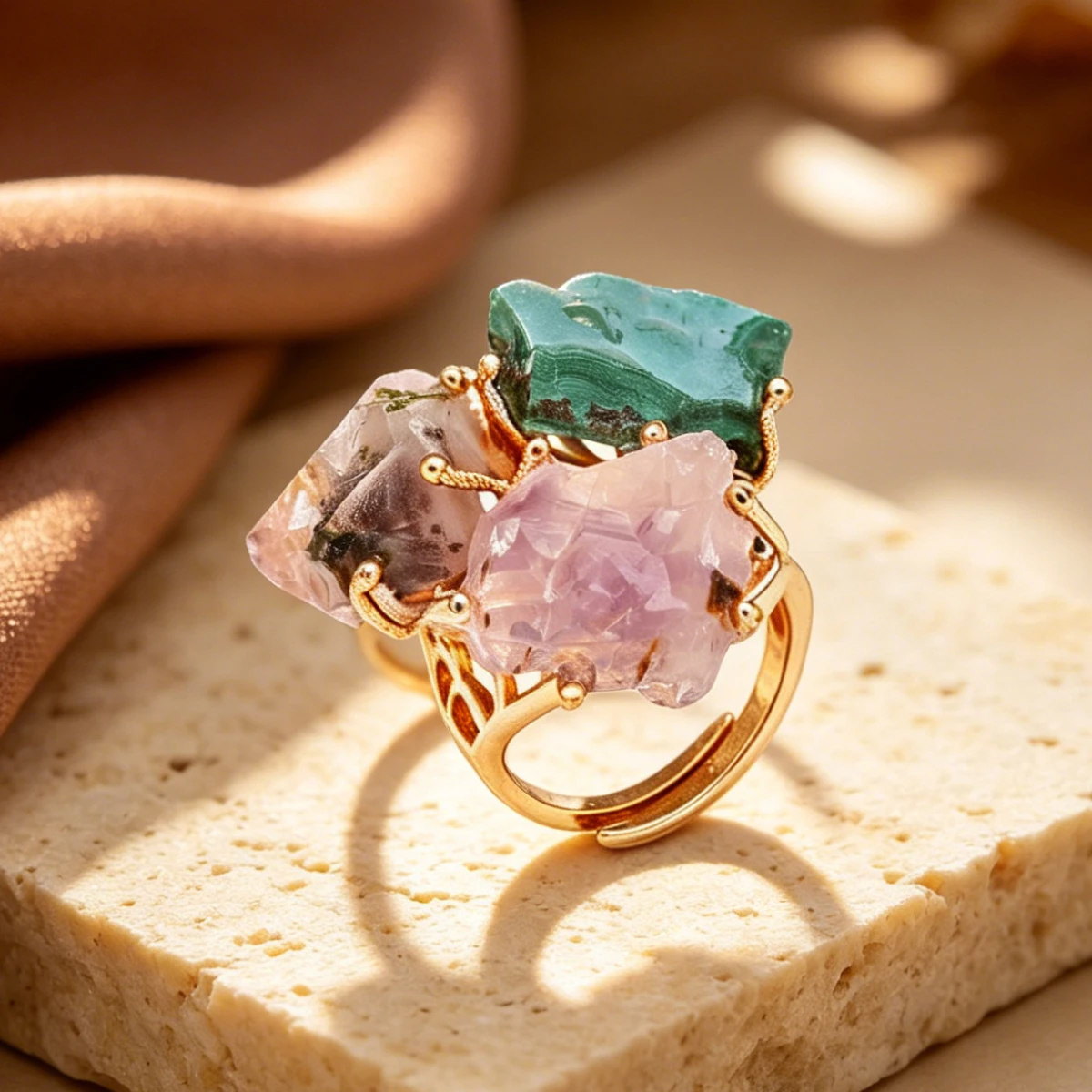 Drei große Edelsteinringe mit kleinen Diamanten und einer Box für Verlobungs-, Hochzeits- und Gedenkringe, modische Schmuckgeschenke – Detail 7
