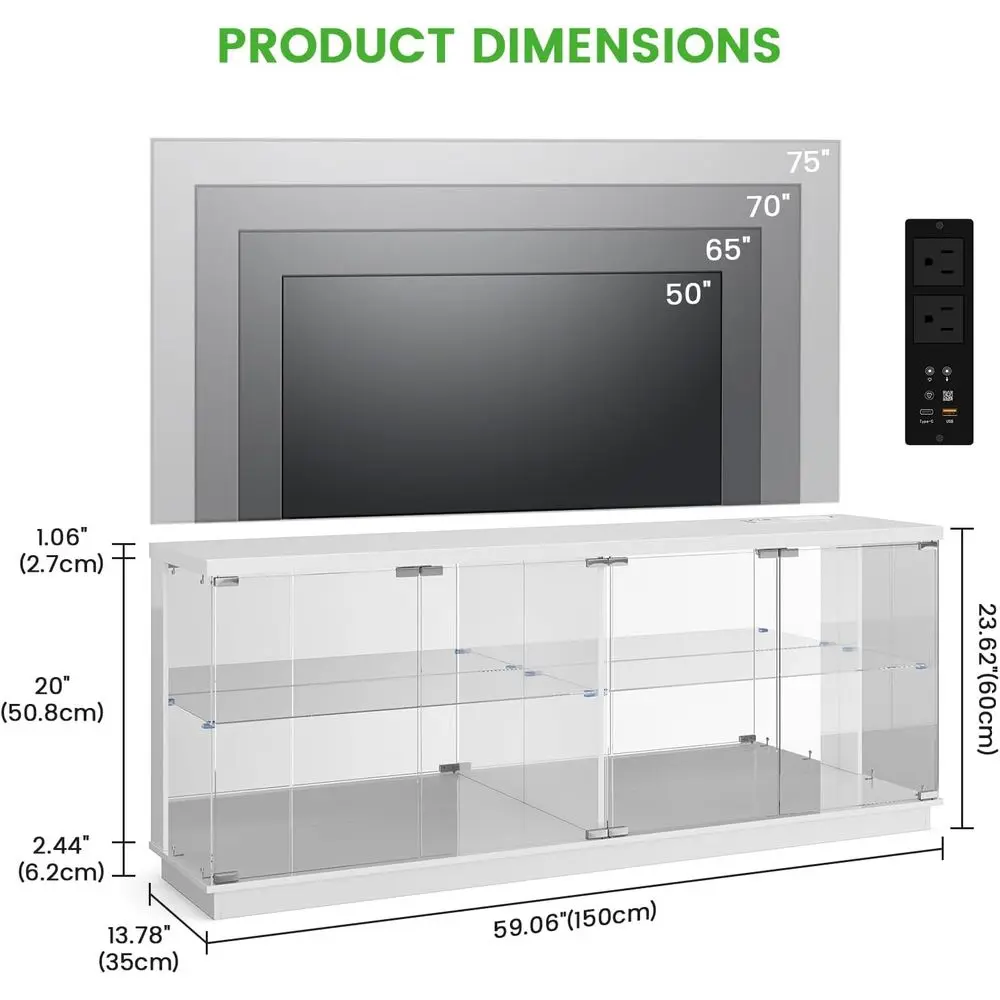 71-inch White TV Stand with Charging Station, LED Lights, AC Outlets, and USB-C Ports for Living Room Entertainment Center view 3