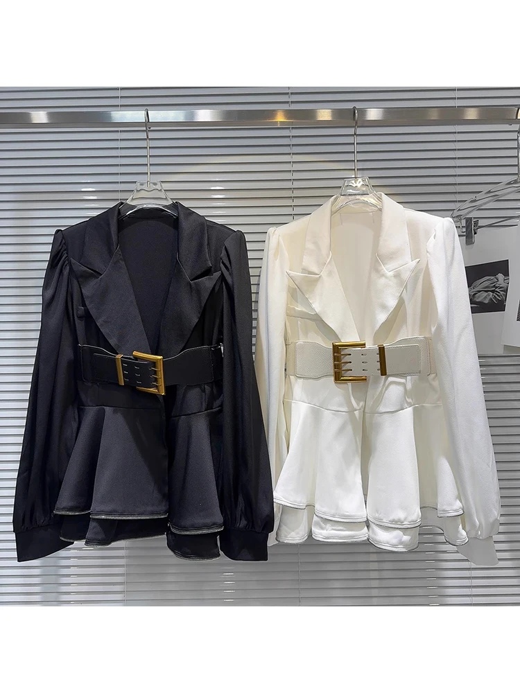 

HIGH STREET Newest Fashion 2024 Designer Jacket Women's Metal Buckle Waistband Skirt Hem Zipper Edge Shoulder Pad Blazer