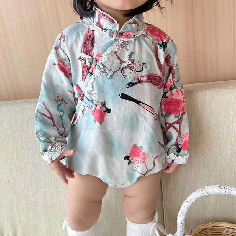 Qipao for Kids Cheongsam Chinese Traditional Pattern 0-2 Years Old Cute Baby Girl Chinese New Year Clothes Kids Blue Bodysuit