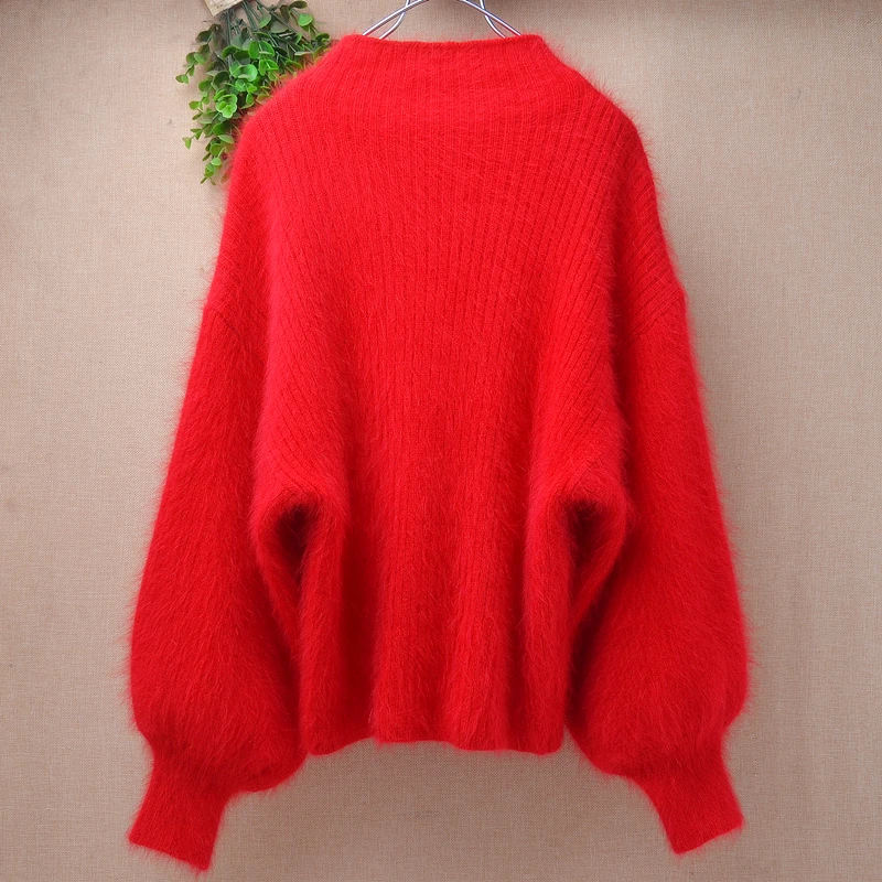 Suéter de Pelo Sintético de Visón Súper Esponjoso para Mujer, Cuello Alto, Manga Abullonada Tipo Linterna, Oversize, Tejido Holgado, Rojo Brillante, Cálido para Invierno
