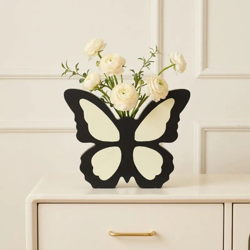 Creative Wood Black Butterfly Shape Vase Ornaments Living Room Entrance Bedroom Flower Arrangement Container Housewarming Gifts