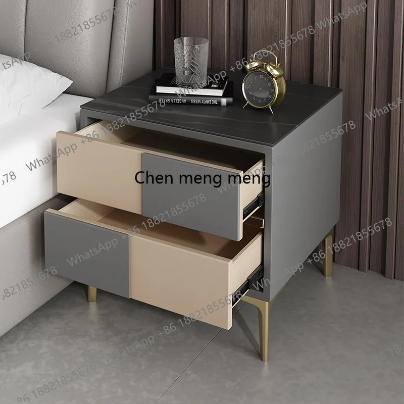 Simple solid wood rock slab bedside cabinet bedroom locker microfiber leather stainless steel titanium tripod