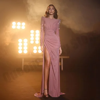 Vestido Chiffon com Beading, Pescoço Barco, Plissado Lantejoulas, Fenda Lateral, Vestido de Baile Sereia, Mangas Compridas, Nova Chegada