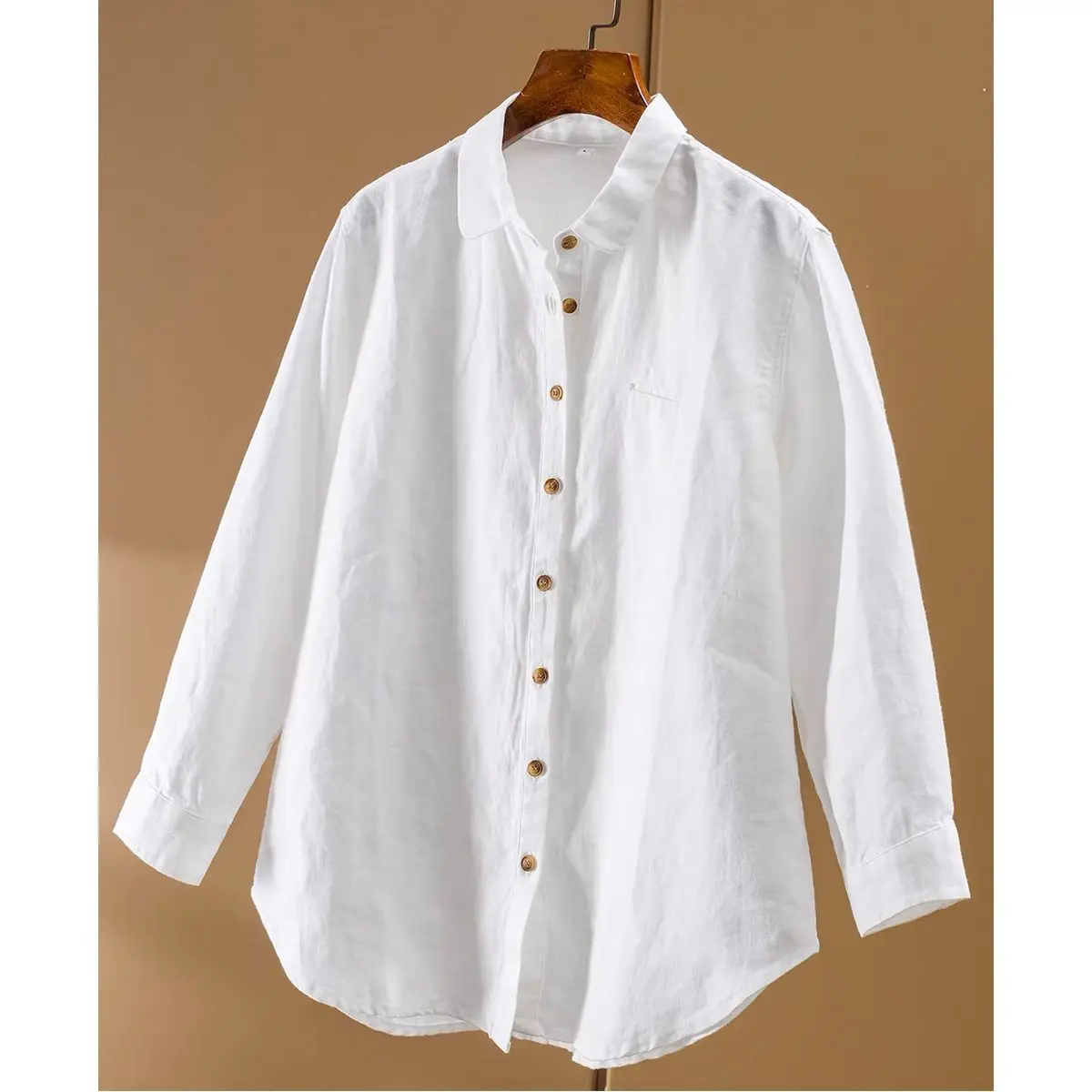 Dave&di French Style Minimalist Design Elegant Temperament Linen Gold Ingot Collar Long Sleeved Curved Short Shirt Top