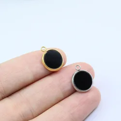 5pcs Wholesale Casting Stainless Black Stones Coin Charms Pendant DIY Necklace Earrings Bracelets Unfading Colorless