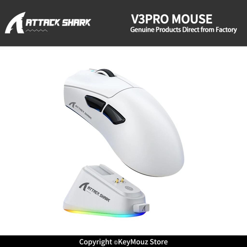 ATTACK SHARK V3PRO Ergonomic RGB Mouse with Magnetic Charging Dock 500mAh Battery Right-Handed Tri-Mode Wireless for Gaming