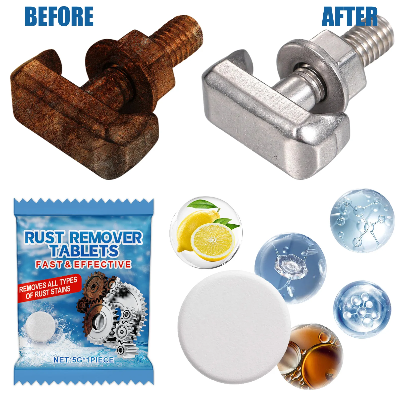 

JAKEHOE Metal Rust Removeration Tablets 1/5/10pcs Stain Remover Effervescent Tablets Metal Surface Rust Spots Cleaning Descaler