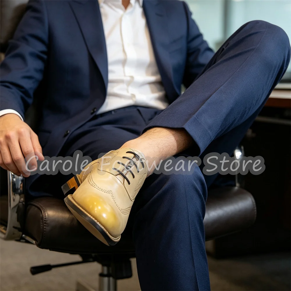 

Handmade Genuine Leather Lace Up Brogue Oxford Male Formal Wedding Dress Shoes Fashion Gradient Heigh Increasing Casual Shoes