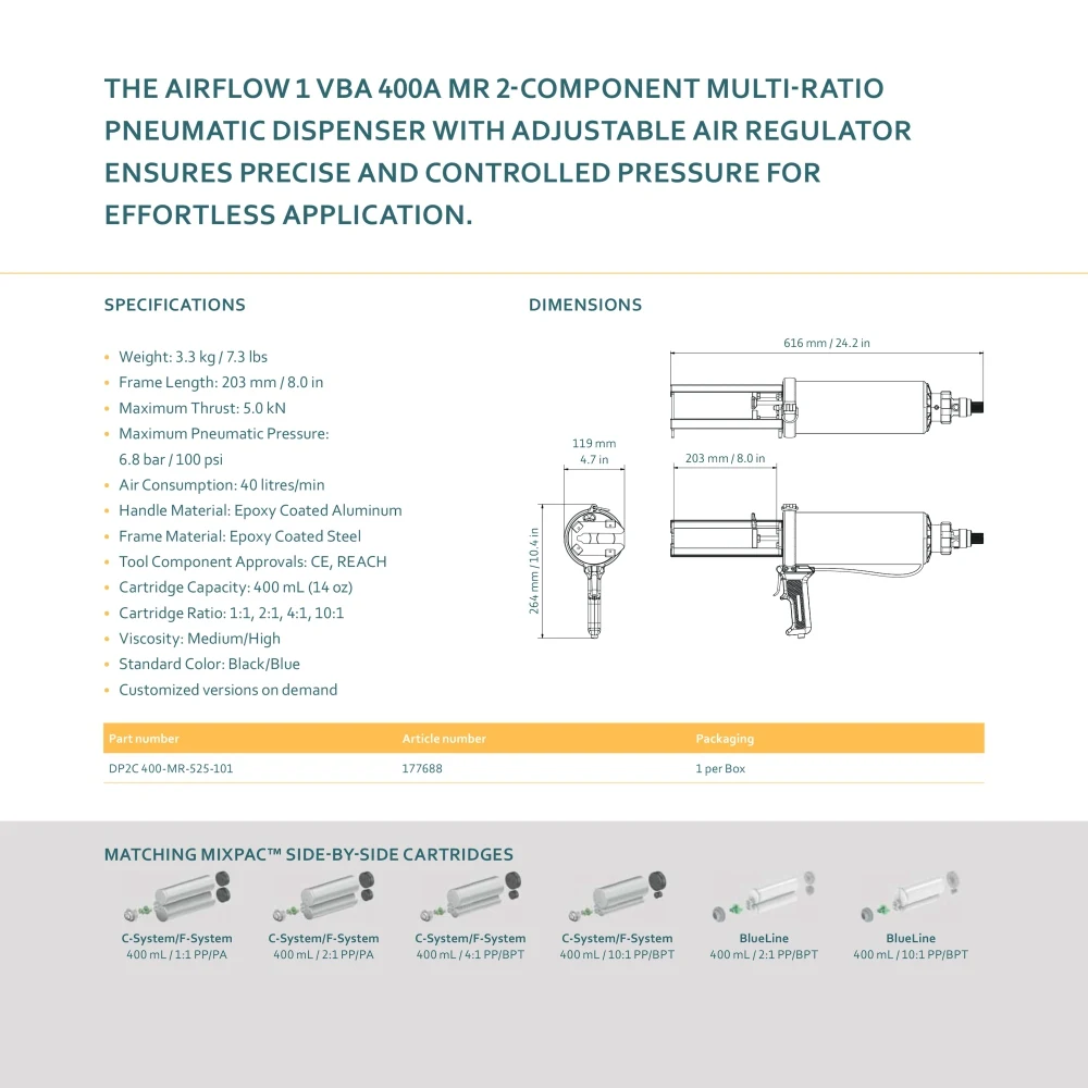 Sulzer COX VBA 400A MR 2-componente neumático 400mL 1/2/4/10:1 dispensador de pistola de pegamento de calafateo (Por favor, indique la proporción requerida)