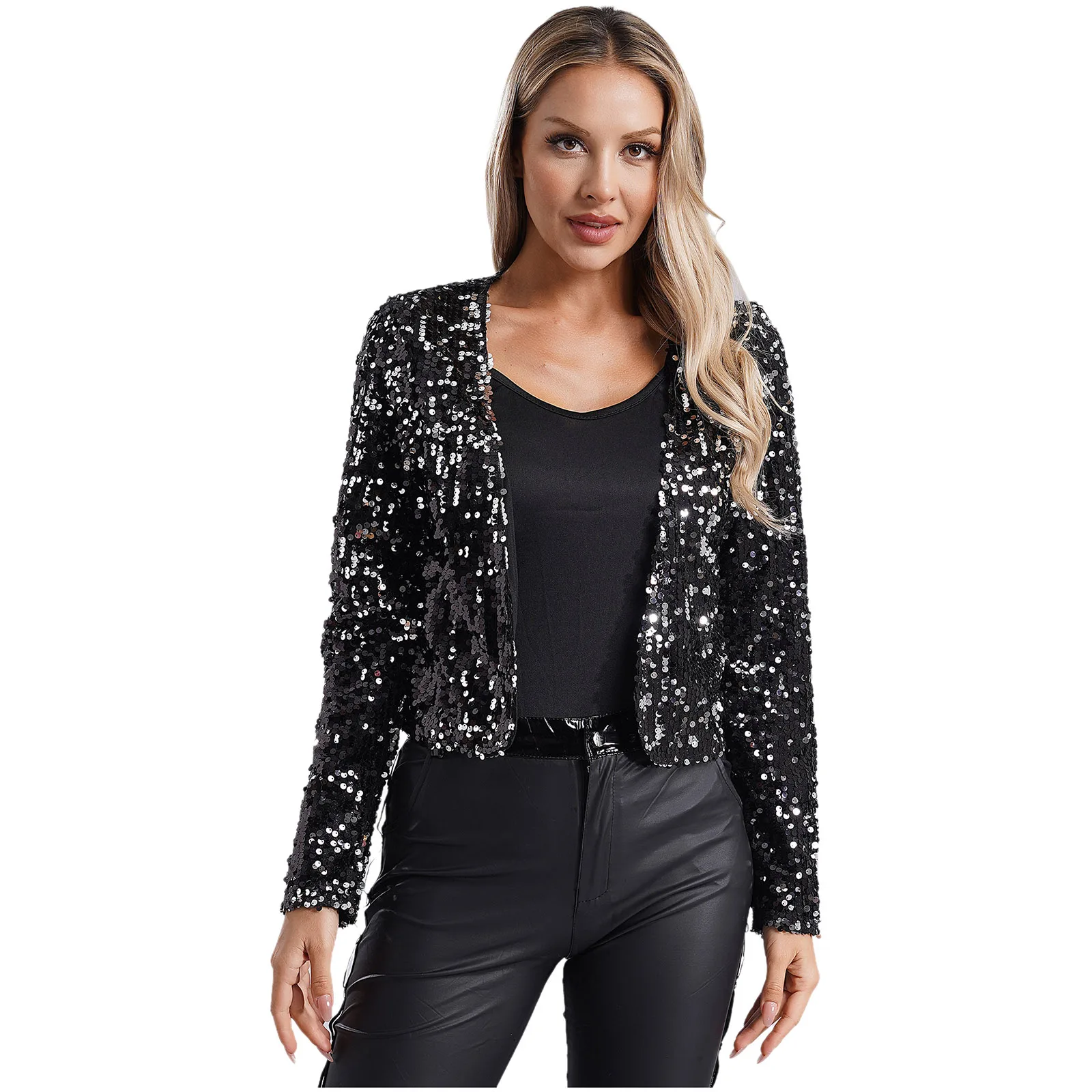 Feminino brilhante lantejoulas encolher colheita jaqueta bolero frente aberta manga longa cardigan para discoteca clube cocktail festa noite envoltório