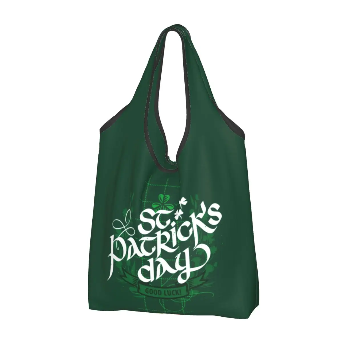 Reusable St Patrick's Day Shopping Bags for Groceries Foldable Irish Green Lucky Grass Shamrock Grocery Bags Washable Tote Bags