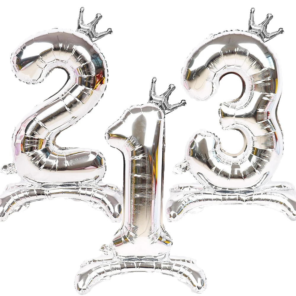 

32Inch Silver Foil Number Balloons with Crown Standing Digital Balloon for Kids Baby Shower Birthday Party Decoration Photo Prop