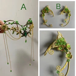 Elf ear cuffs Green Rattan Bridal Fairy Crown Woodland Wedding Tiara Elven Flower circilet Fairy Diadem Flower Greenery Headband