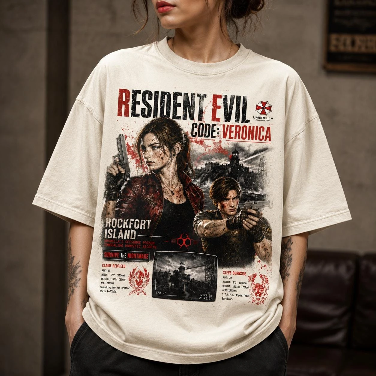 Resident Evil: Veronica T-shirt: Claire Redfield, Steve Burnside Horror Game T-shirt for Daily Wear, Casual Street Style