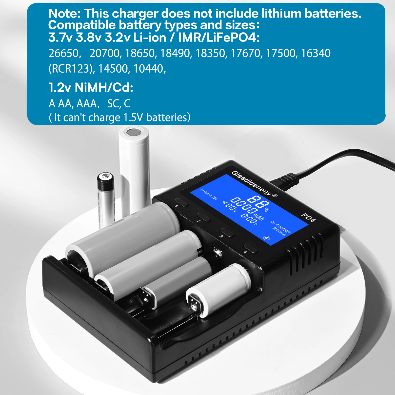 Caricabatteria 18650, caricabatteria universale per ricaricabile 3,7 V 3,8 V 3,2 V 26650 20700 18350 16340(RCR123) 14500, 1,2 V AA AAA