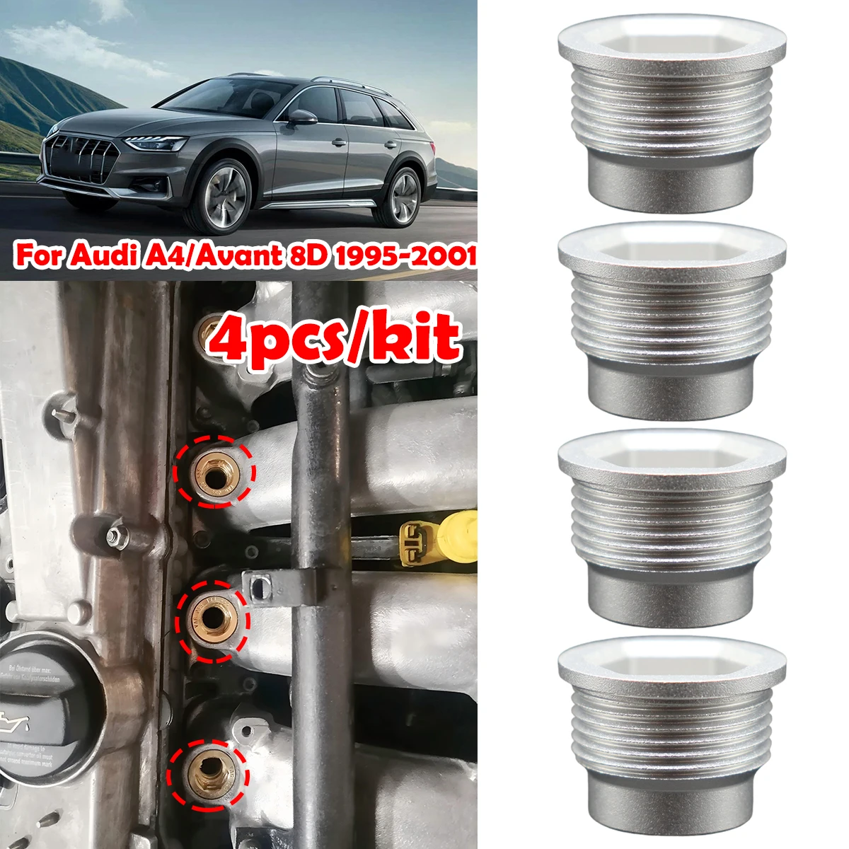 4pcs Upgrade Aluminum alloy Fuel Injection Valve Injector Insert Cup Seat Kit 058133555 Fix For Audi A4/Avant 8D 1995-2001 1.8 T