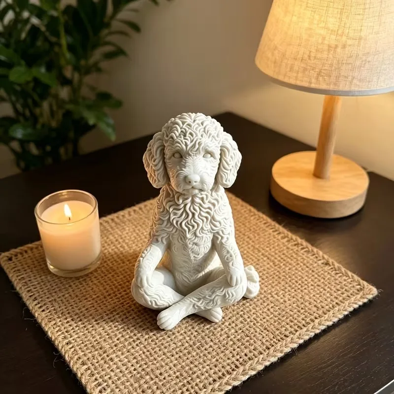 3D Printed Meditation Poodle Figurine Cross Legged Yoga Curly Hair Dog Sculpture Minimalist Nordic Tabletop Decor